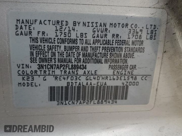 2015 Nissan Versa SV with VIN 3N1CN7AP2FL889434, listed as a Copart auction lot 42488385 with 225,950 mi miles and Salvage Title. Bid and sale history available at carsss.com. Image 12.