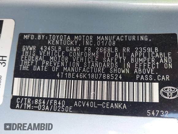 2008 Toyota Camry LE with VIN 4T1BE46K18U788524, listed as a IAAI auction lot 42178903 with 141,516 mi miles and . Bid and sale history available at DreamBid. Image 9.