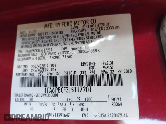 2018 Ford Mustang GT with VIN 1FA6P8CF3J5117201, listed as a IAAI auction lot 41511624 with 42,823 mi miles and . Bid and sale history available at DreamBid. Image 9.