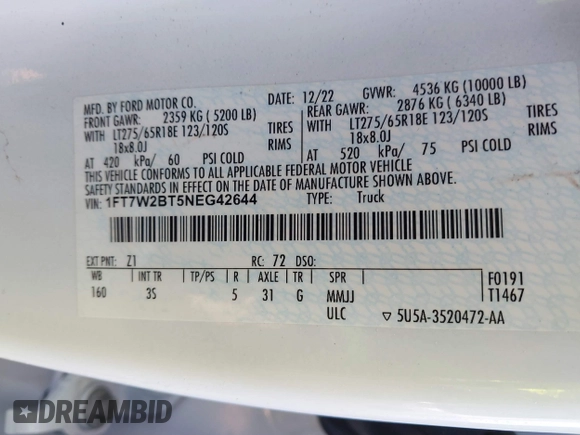 2022 Ford F-250 XL with VIN 1FT7W2BT5NEG42644, listed as a IAAI auction lot 41469387 with 64,521 mi miles and . Bid and sale history available at DreamBid. Image 9.