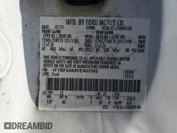 2012 Ford F-250 XL с VIN 1FTBF2A65CEA03392, выставлен на аукционе Copart как лот 61860405 с пробегом 375 072 миль миль и Чистый • Clean title. История ставок и продаж доступна на DreamBid. Изображение 12.