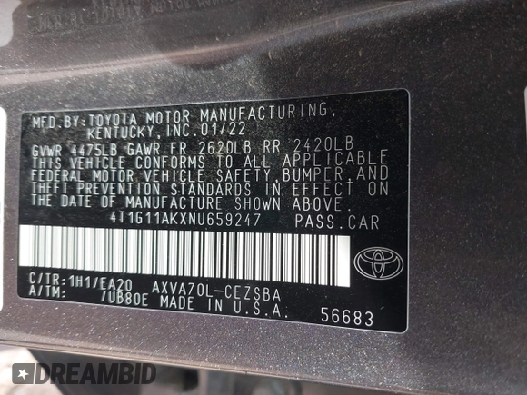 2022 Toyota Camry SE with VIN 4T1G11AKXNU659247, listed as a IAAI auction lot 41517969 with 58,180 mi miles. Bid and sale history available at carsss.com. Image 9.