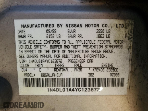 2000 Nissan Altima GXE with VIN 1N4DL01A4YC123672, listed as a Copart auction lot 44806785 with 0 mi miles and Clean Title. Bid and sale history available at carsss.com. Image 12.