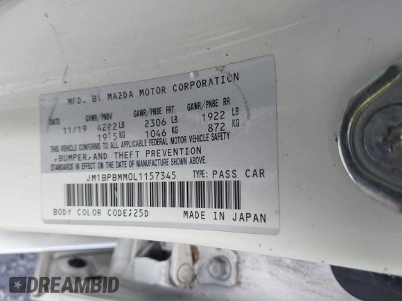 2020 Mazda 3 Preferred with VIN JM1BPBMM0L1157345, listed as a IAAI auction lot 41332440 with 64,730 mi miles and . Bid and sale history available at DreamBid. Image 9.