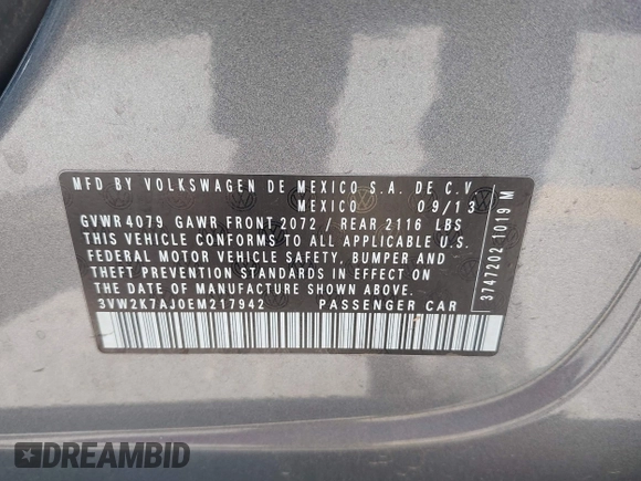 2014 Volkswagen Jetta S with VIN 3VW2K7AJ0EM217942, listed as a IAAI auction lot 42665485 with 140,084 mi miles and . Bid and sale history available at DreamBid. Image 9.