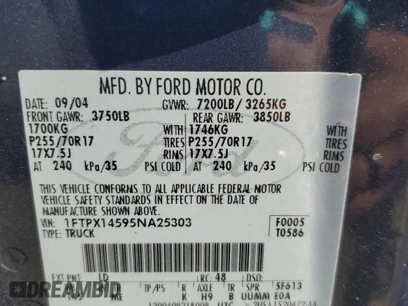 2005 Ford F-150 XLT with VIN 1FTPX14595NA25303, listed as a Copart auction lot 50960805 with 223,385 mi miles and Salvage Title. Bid and sale history available at carsss.com. Image 12.