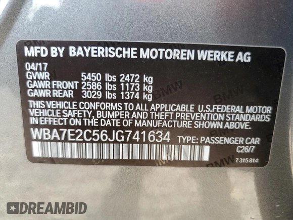 2018 BMW 7 Series 740i with VIN WBA7E2C56JG741634, listed as a Copart auction lot 61530123 with 82,207 mi miles. Bid and sale history available at carsss.com. Image 15.