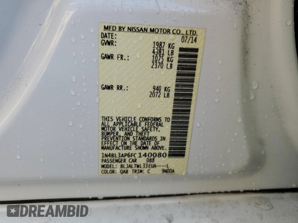 2015 Nissan Altima SL with VIN 1N4BL3AP6FC140080, listed as a Copart auction lot 50539875 with 72,675 mi miles and Salvage Title. Bid and sale history available at carsss.com. Image 12.
