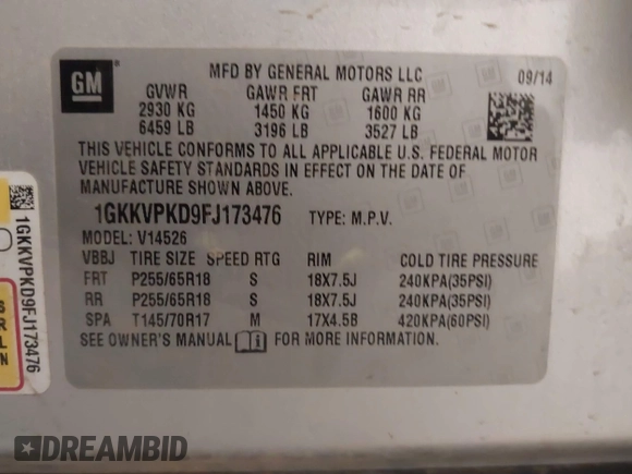 2015 GMC Acadia SLE with VIN 1GKKVPKD9FJ173476, listed as a IAAI auction lot 42146842 with 176,483 mi miles and . Bid and sale history available at DreamBid. Image 9.