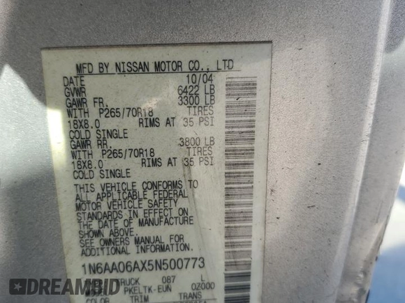 2005 Nissan Titan SE z VIN 1N6AA06AX5N500773, wystawiony jako Copart lot #81695634 z przebiegiem 127 210 mil mil oraz Szkoda całkowita • Salvage title. Historia ofert i sprzedaży dostępna na DreamBid. Obrazek 12.