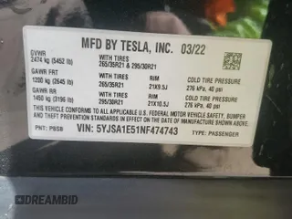 2022 Tesla Model S z VIN 5YJSA1E51NF474743, wystawiony jako Copart lot #87316374 z przebiegiem Nie podano mil oraz Szkoda całkowita • Salvage title. Historia ofert i sprzedaży dostępna na DreamBid. Obrazek 14.