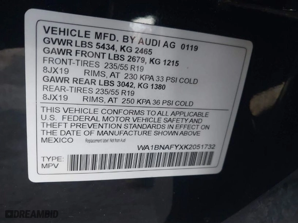 2019 Audi Q5 Premium Plus with VIN WA1BNAFYXK2051732, listed as a IAAI auction lot 41826131 with 49,665 mi miles. Bid and sale history available at carsss.com. Image 9.