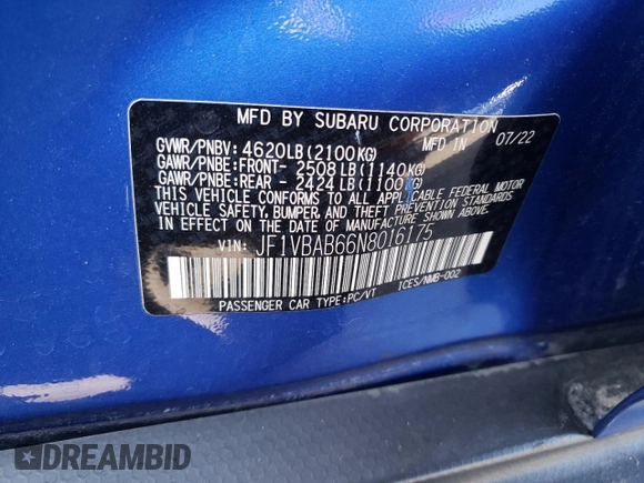 2022 Subaru WRX z VIN JF1VBAB66N8016175, wystawiony jako Copart lot #83240514 z przebiegiem 20 485 mil mil oraz Szkody całkowita. Historia ofert i sprzedaży dostępna na DreamBid. Obrazek 12.