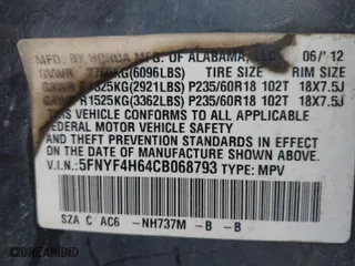 2012 Honda Pilot EX-L with VIN 5FNYF4H64CB068793, listed as a IAAI auction lot 41263881 with 120,130 mi miles. Bid and sale history available at carsss.com. Image 9.