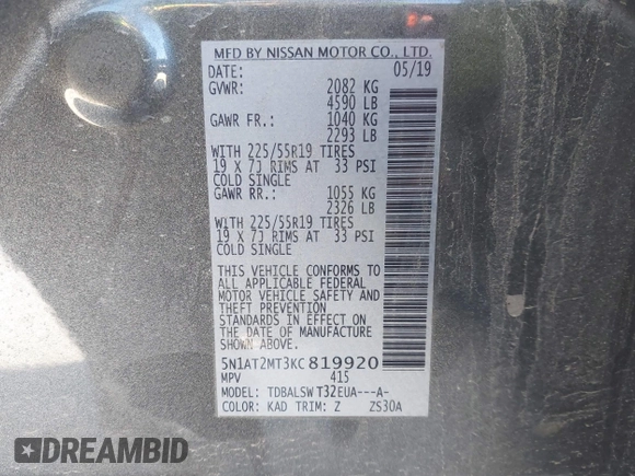 2019 Nissan Rogue SL with VIN 5N1AT2MT3KC819920, listed as a IAAI auction lot 40863073 with 60,923 mi miles and . Bid and sale history available at DreamBid. Image 9.