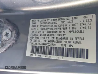 2011 Honda CR-V SE with VIN JHLRE4H4XBC025709, listed as a IAAI auction lot 41963470 with 167,322 mi miles. Bid and sale history available at carsss.com. Image 9.