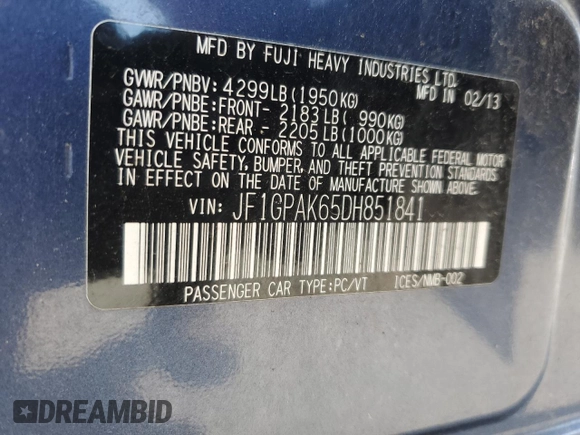 2013 Subaru Impreza Limited with VIN JF1GPAK65DH851841, listed as a Copart auction lot 61944945 with 47,640 mi miles and Salvage title. Bid and sale history available at DreamBid. Image 13.