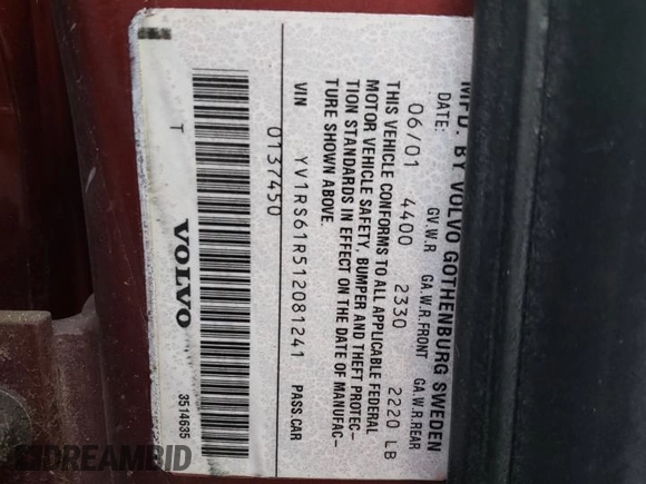 2001 Volvo S60 with VIN YV1RS61R512081241, listed as a Copart auction lot 43584055 with 115,211 mi miles and Salvage Title. Bid and sale history available at carsss.com. Image 12.