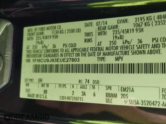 2014 Ford Escape Titanium with VIN 1FMCU9J93EUE27803, listed as a IAAI auction lot 42028249 with 131,194 mi miles and . Bid and sale history available at DreamBid. Image 9.