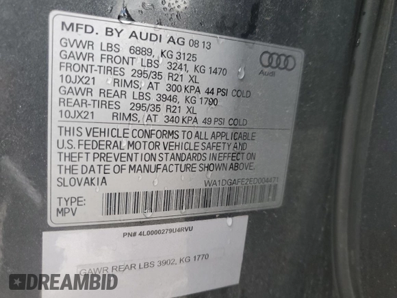 2014 Audi Q7 3.0T S line Prestige with VIN WA1DGAFE2ED004471, listed as a Copart auction lot 48021885 with 103,665 mi miles and Salvage Title. Bid and sale history available at carsss.com. Image 13.
