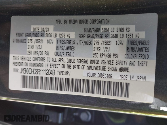 2024 Mazda CX-90 S Premium z VIN JM3KKDHC8R1112049, wystawiony jako IAAI lot #41537522 z przebiegiem 37 522 mil mil oraz . Historia ofert i sprzedaży dostępna na DreamBid. Obrazek 9.