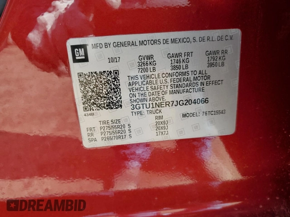 2018 GMC Sierra 1500 SLT with VIN 3GTU1NER7JG204066, listed as a Copart auction lot 59177625 with 71,918 mi miles and Salvage title. Bid and sale history available at DreamBid. Image 12.