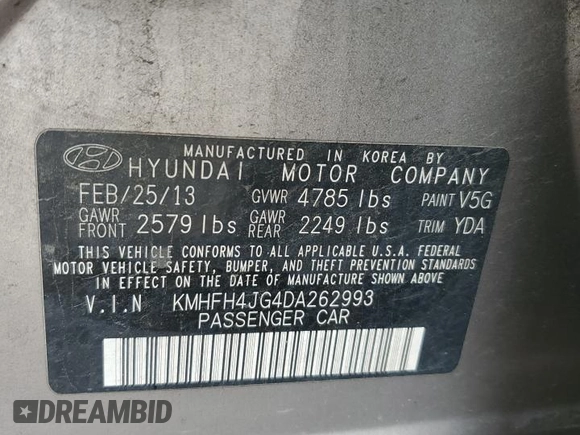 2013 Hyundai Azera z VIN KMHFH4JG4DA262993, wystawiony jako Copart lot #58497925 z przebiegiem 151 568 mil mil oraz Szkoda całkowita • Salvage title. Historia ofert i sprzedaży dostępna na DreamBid. Obrazek 12.