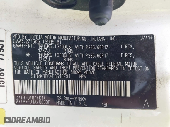 2014 Toyota Sienna LE AAS with VIN 5TDKK3DC4ES515791, listed as a IAAI auction lot 42304201 with 113,139 mi miles and . Bid and sale history available at DreamBid. Image 9.