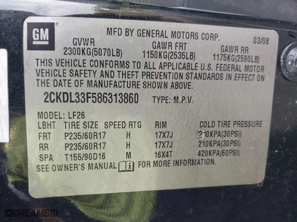 2008 Pontiac Torrent with VIN 2CKDL33F586313860, listed as a IAAI auction lot 41868023 with 184101 miles. Bid and sale history available at carsss.com. Image 9.