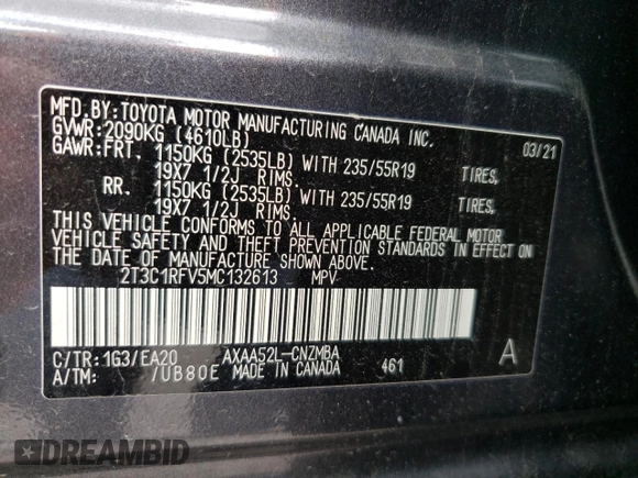 2021 Toyota RAV4 XLE Premium with VIN 2T3C1RFV5MC132613, listed as a Copart auction lot 59690715 with 15,491 mi miles and Salvage title. Bid and sale history available at DreamBid. Image 13.