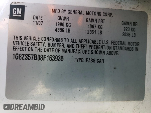 2008 Saturn Aura XE z VIN 1G8ZS57B08F163935, wystawiony jako Copart lot #55122315 z przebiegiem 196 565 mil mil oraz Szkody całkowita. Historia ofert i sprzedaży dostępna na DreamBid. Obrazek 13.