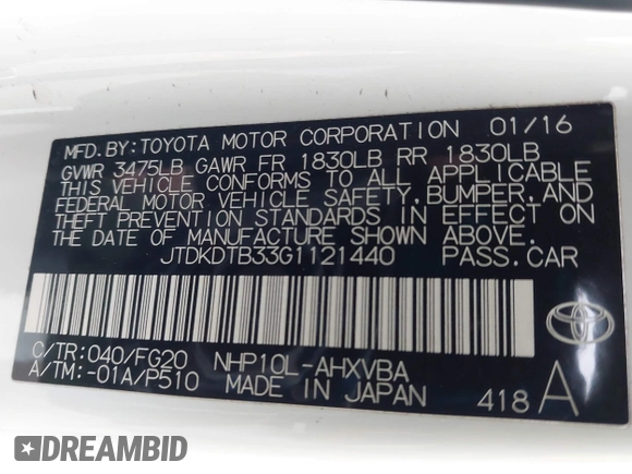 2016 Toyota Prius One with VIN JTDKDTB33G1121440, listed as a IAAI auction lot 42063762 with 72,196 mi miles and . Bid and sale history available at DreamBid. Image 9.