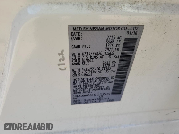 2016 Infiniti QX60 with VIN 5N1AL0MM9GC511705, listed as a Copart auction lot 87433274 with 129,269 mi miles and Salvage Title. Bid and sale history available at DreamBid. Image 14.