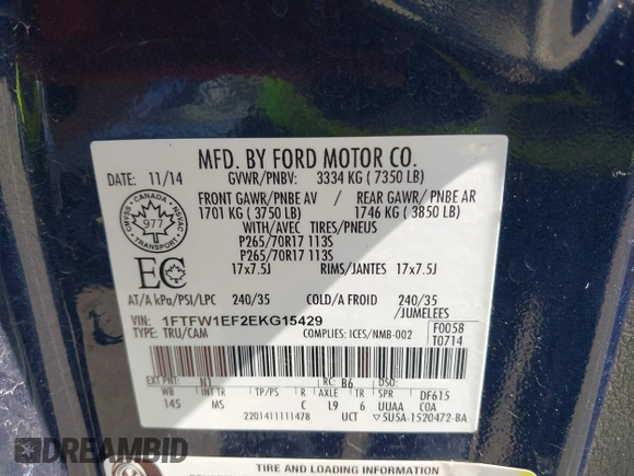 2014 Ford F-150 XL with VIN 1FTFW1EF2EKG15429, listed as a IAAI auction lot 41978595 with 237,584 mi miles and . Bid and sale history available at carsss.com. Image 9.