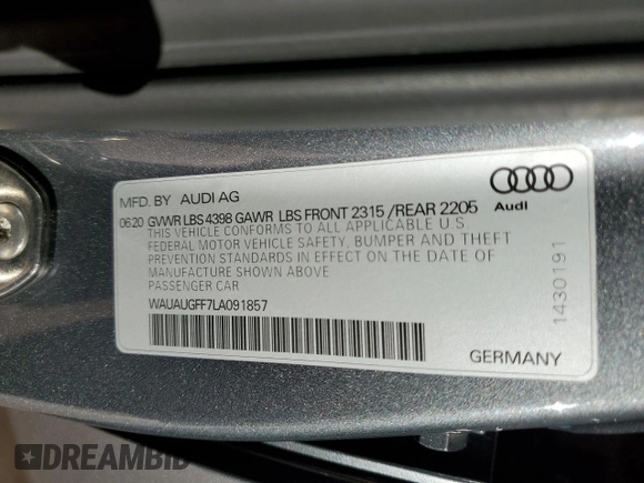 2020 Audi A3 Sedan Premium with VIN WAUAUGFF7LA091857, listed as a Copart auction lot 45020514 with 21,361 mi miles. Bid and sale history available at carsss.com. Image 14.