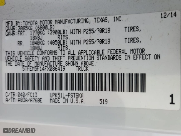 2015 Toyota Tundra 2WD Truck SR5 with VIN 5TFEM5F14FX086419, listed as a Copart auction lot 72416214 with 167,082 mi miles and Salvage Title. Bid and sale history available at carsss.com. Image 12.