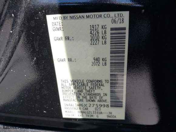 2018 Nissan Altima 2.5 S with VIN 1N4AL3AP6JC275998, listed as a IAAI auction lot 39138577 with 99,195 mi miles. Bid and sale history available at carsss.com. Image 9.