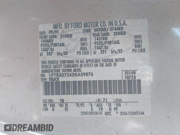 2002 Ford F-150 XL with VIN 1FTRX07242KA59876, listed as a IAAI auction lot 42673613 with 85,536 mi miles and . Bid and sale history available at DreamBid. Image 9.