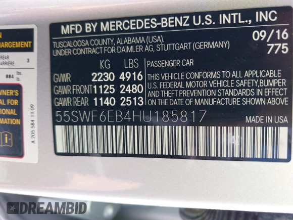 2017 Mercedes-Benz C 43 AMG with VIN 55SWF6EB4HU185817, listed as a IAAI auction lot 41821204 with 86,699 mi miles and . Bid and sale history available at DreamBid. Image 9.