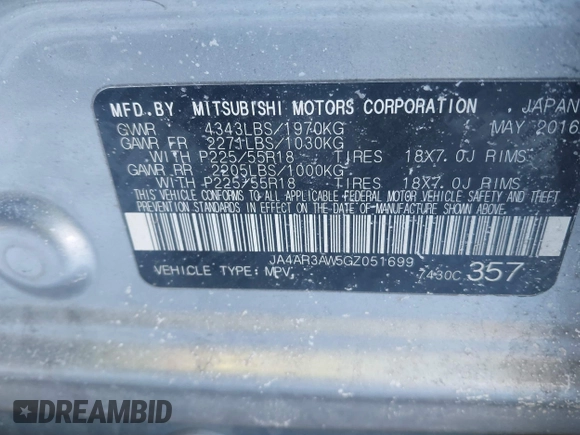 2016 Mitsubishi Outlander Sport 2.4 ES with VIN JA4AR3AW5GZ051699, listed as a IAAI auction lot 41411945 with 105,714 mi miles. Bid and sale history available at carsss.com. Image 9.