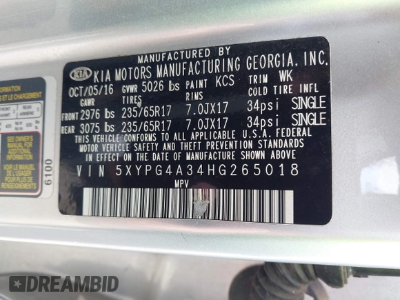 2017 Kia Sorento LX with VIN 5XYPG4A34HG265018, listed as a IAAI auction lot 42165365 with Not Provided miles. Bid and sale history available at carsss.com. Image 9.