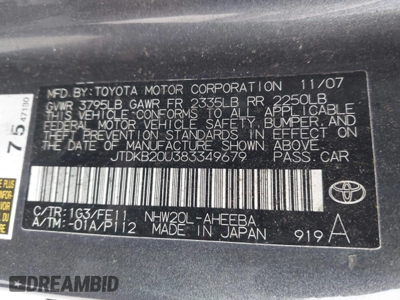 2008 Toyota Prius with VIN JTDKB20U383349679, listed as a IAAI auction lot 42036142 with 168,742 mi miles and . Bid and sale history available at carsss.com. Image 9.