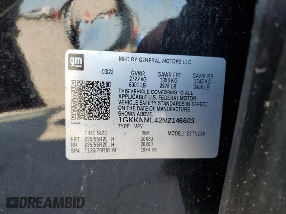 2022 GMC Acadia SLT with VIN 1GKKNML42NZ146603, listed as a Copart auction lot 54848185 with 64,767 mi miles and Salvage Title. Bid and sale history available at carsss.com. Image 14.