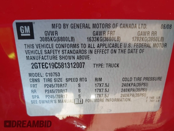 2008 GMC Sierra 1500 Work Truck z VIN 2GTEC19C581312007, wystawiony jako IAAI lot #41821001 z przebiegiem 172 848 mil mil oraz . Historia ofert i sprzedaży dostępna na DreamBid. Obrazek 9.