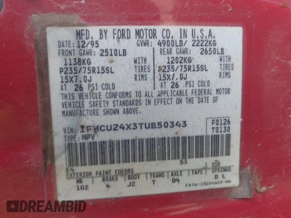 1996 Ford Explorer с VIN 1FMCU24X3TUB50343, выставлен на аукционе IAAI как лот 42832448 с пробегом 210 359 миль миль и . История ставок и продаж доступна на DreamBid. Изображение 9.
