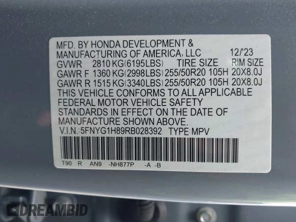 2024 Honda Pilot Elite with VIN 5FNYG1H89RB028392, listed as a IAAI auction lot 42031042 with 18,685 mi miles. Bid and sale history available at carsss.com. Image 9.