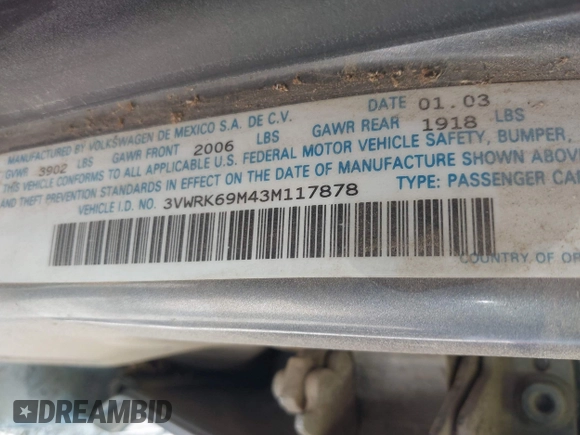 2003 Volkswagen Jetta GL z VIN 3VWRK69M43M117878, wystawiony jako IAAI lot #42553211 z przebiegiem 183 524 mil mil oraz . Historia ofert i sprzedaży dostępna na DreamBid. Obrazek 9.