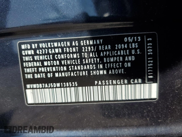 2013 Volkswagen Golf w/Conv & Sunroof with VIN WVWDB7AJ5DW138535, listed as a Copart auction lot 56071615 with 61,824 mi miles and Salvage title. Bid and sale history available at DreamBid. Image 14.