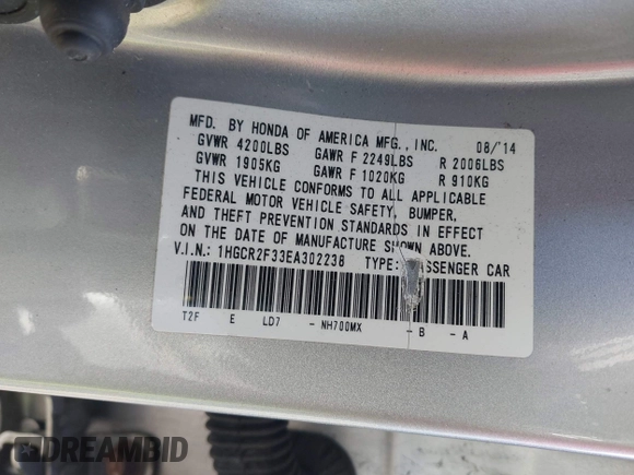 2014 Honda Accord Sedan LX with VIN 1HGCR2F33EA302238, listed as a IAAI auction lot 41984855 with 146,827 mi miles. Bid and sale history available at carsss.com. Image 9.