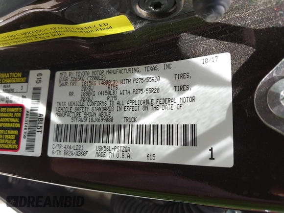 2018 Toyota Tundra SR5 z VIN 5TFAW5F18JX699080, wystawiony jako IAAI lot #42242945 z przebiegiem Nie podano mil oraz . Historia ofert i sprzedaży dostępna na DreamBid. Obrazek 9.